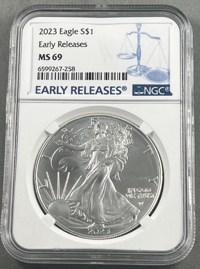 2023 US Silver Eagle Dollar Coin, .999 Fine Silver graded MS69 in NGC Holder