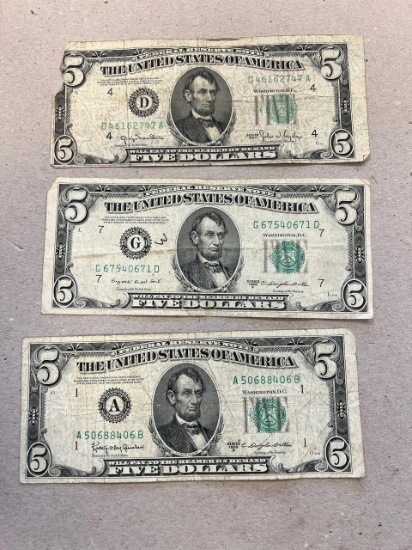 3- 1950 Series $5.00 Green Seal Notes