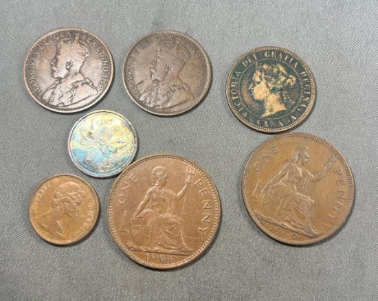 7- Canada Cents, 1882 Large cent, 1916 Large, 1919 Large, 2002, 1967, & 1939 & 1964 British Pennies