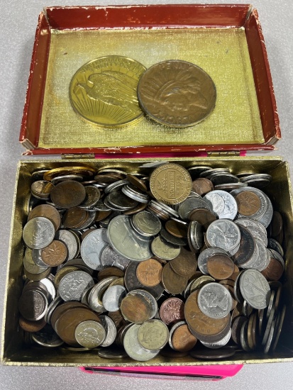 9+ pounds of foreign coins, in old cigar box