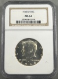 1968-D Kennedy Half Dollar in MS63 holder