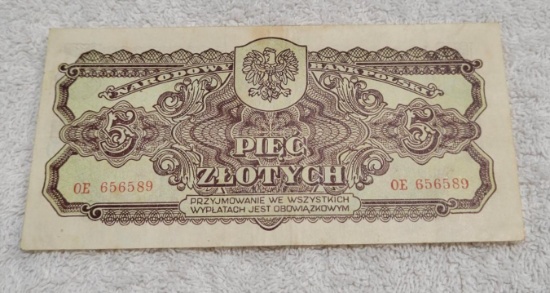 1944 Poland 5 Zlotch Banknote