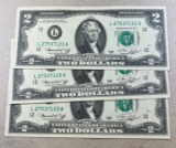 3- 1976 $2.00 Notes w/ Sequential serial numbers, UNC