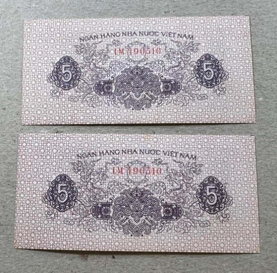 2- 1958 N. Vietnam 5 XU Banknotes, UNC, sells times the money