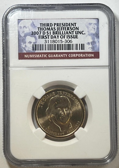 2007-D Jefferson Presidential Dollar in NGC BU holder
