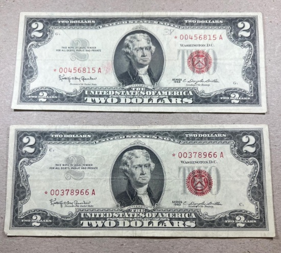 2- 1963 Red Seal $2.00 STAR Notes, sells times the money