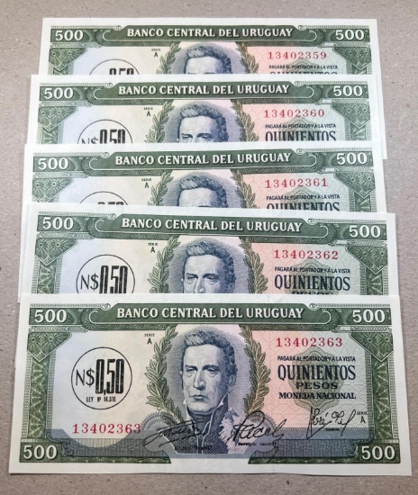 5- 1967 Uruguay 500 Pesos Notes, UNC, sequential serial numbers
