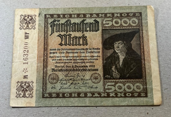 1922 Germany 5000 Mark Reichsbanknote