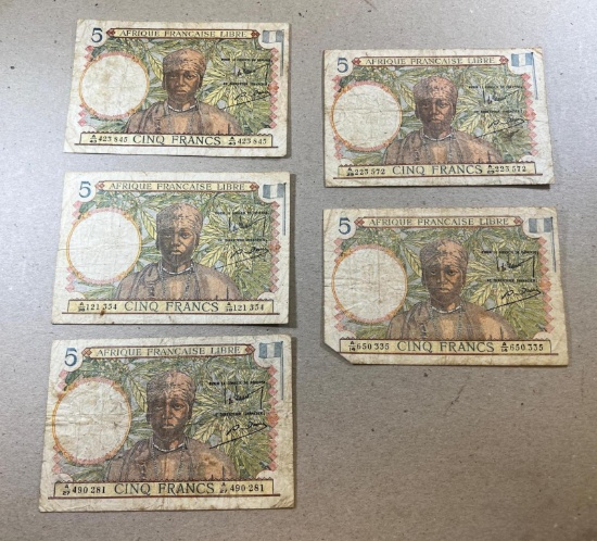 5- French Equatorial Africa 5 Franc Banknotes, sells times the money