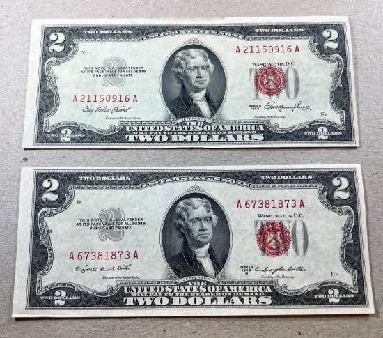 2- 1953 $2.00 Red Seal US Banknotes, 1953 and 1953B, sells times the money