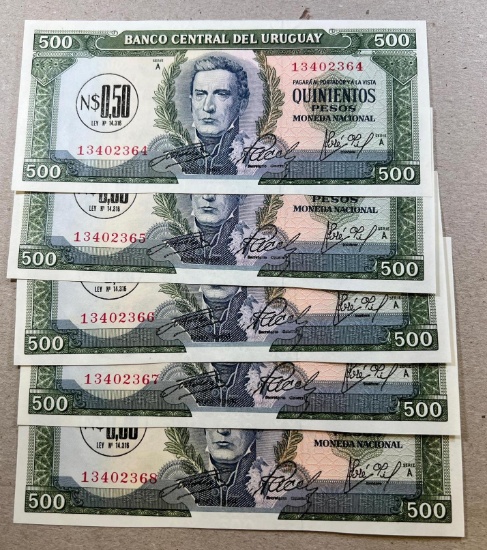 5- 1975 Uruguay 500 Pesos Banknotes, UNC, Sequential serial numbers, sells times the money