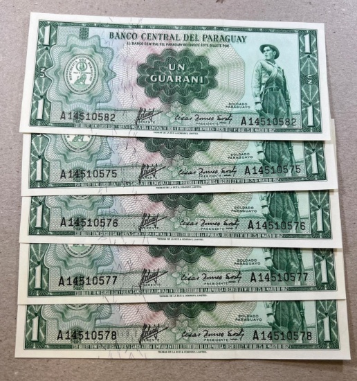 5- 1952 Uruguay 1 Guarani Banknotes, UNC, sequential serial numbers, sells times the money