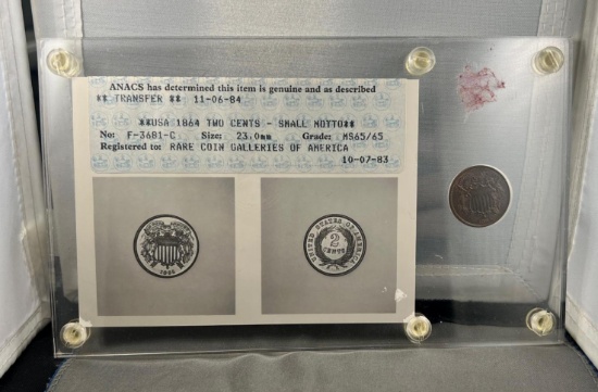 1864 US 2 Cent Piece Small Motto, w/ ANACS Certificate and early holder, MS65/65