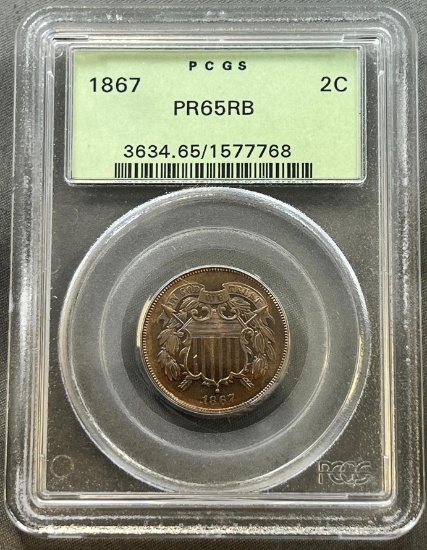 1867 US 2 Cent Piece in PR65RB PCGS Holder
