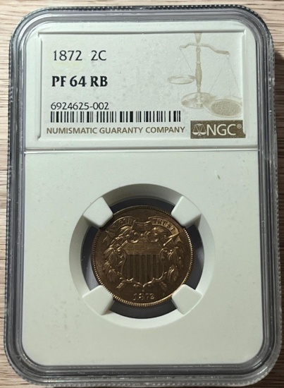 1872 US 2 Cent piece in PF64RB NGC Holder, ONLY 950 MADE