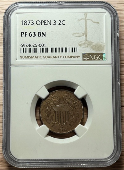 1873 Open 3 US 2 Cent piece in PF63BN NGC Holder, ONLY 600 MADE