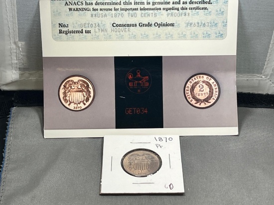 1870 Proof US 2 Cent Piece w/ ANACS Certificate included, see note below