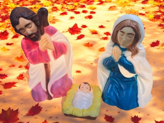 3- Piece Nativity Scene, all w/ working power cords, Mary power cord missing bracket, Joseph is 28"