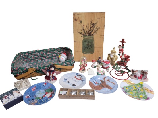 Christmas plates, candle and candle holders, 2nd Longerberger basket and more