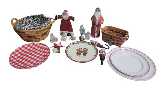 2 Longaberger baskets, 4 plates, 4 snowman ornaments and more
