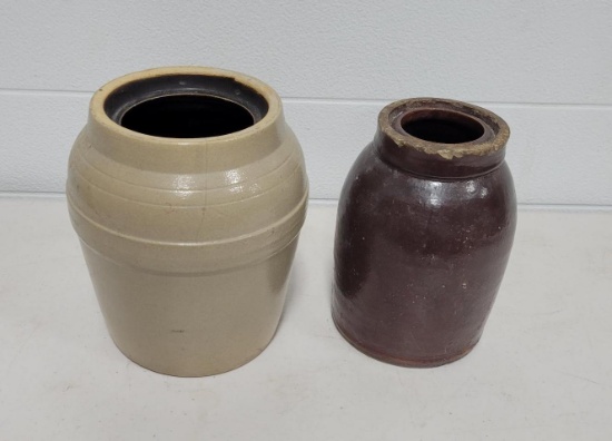 2- Stoneware crock jars, both with some dings and cracks, see pics, smaller one is approx 1/2 gal...
