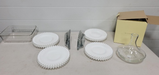 LOCAL PICKUP ONLY 8- Fenton Silvercrest plates, Pyrex dish, bookends and ship decanter