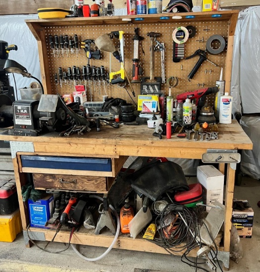 NO CONTENTS & GRINDER NOT INCLUDED, Workbench 5 1/2' long x 68" tall w/ pegboard back wall