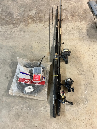 3- Rod and Reel combos, Eagle Claw and Shimano, New Fish Basket and asst. tackle