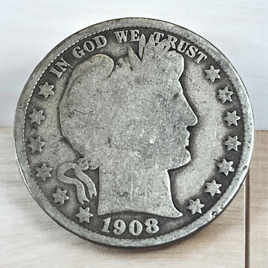 1908-D Barber Half Dollar, 90% Silver
