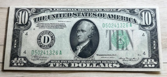 1934A $10.00 Green Seal Federal Reserve Note, UNC