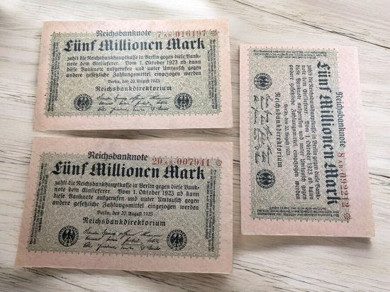 3- 1923 Germany 5,000,000 Mark Banknotes
