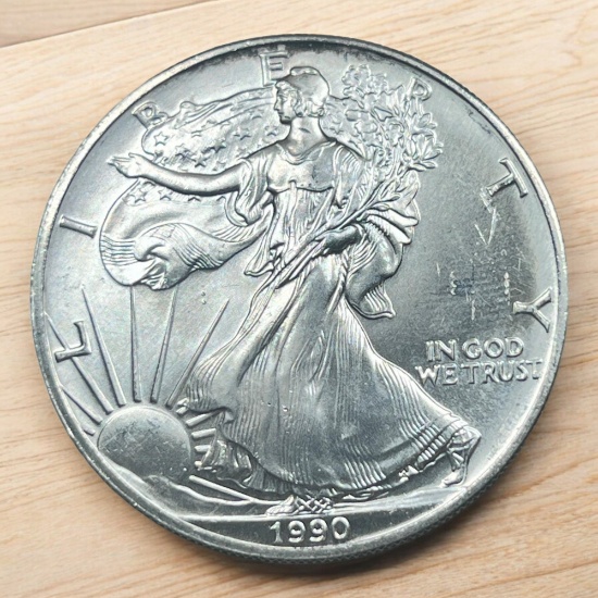 1990 US Silver Eagle Dollar Coin, .999 Fine Silver