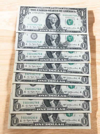 8- Sequential Serial Number 1977 $1.00 Banknotes