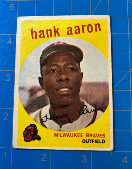 Hank Aaron 1959 Topps Baseball #380 writing on card