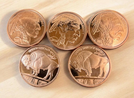 5- One Ounce .999 Copper Rounds