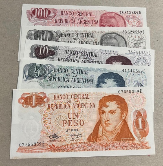 Argentina 5 Piece Peso Type Banknote Set, UNC