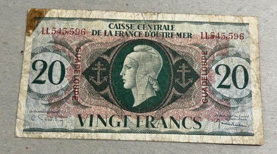 1944 Guadalupe 20 Francs Banknote