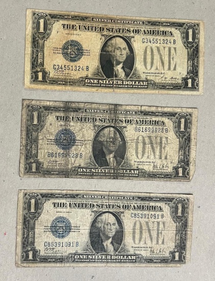 3- 1928 Funnyback One Dollar Silver Certificates, one A and Two B