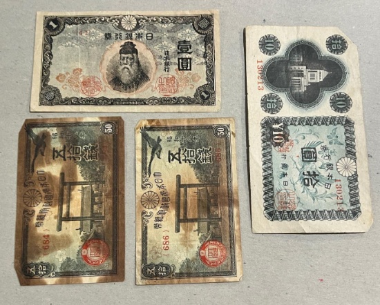 4- Early Japanese Banknotes, 1, 10, and 50 Yen