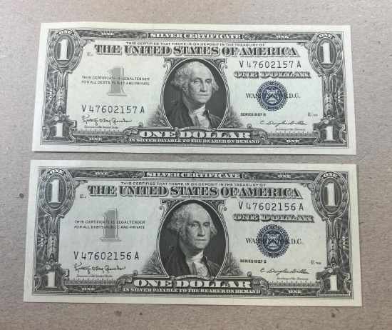 2- 1957B UNCirculated Silver Certificates, Sequential Serial Numbers