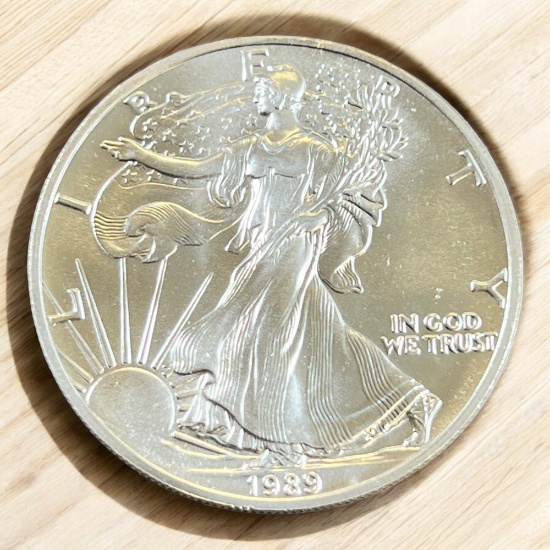 1989 US Silver Eagle Dollar Coin, .999 Fine Silver
