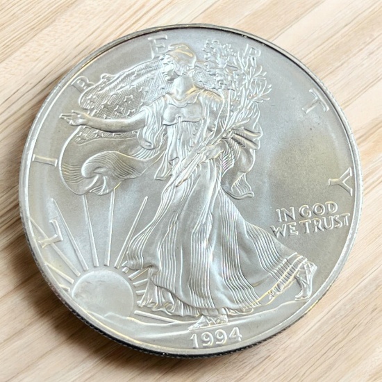 1994 US Silver Eagle Dollar Coin, .999 Fine Silver