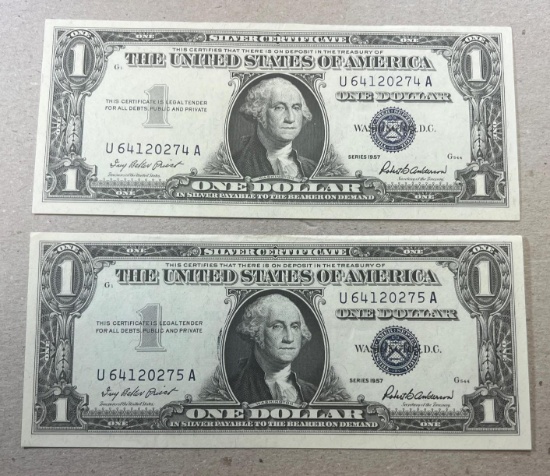 2- 1957 Silver Certificates, UNC, Sequential Serial Numbers