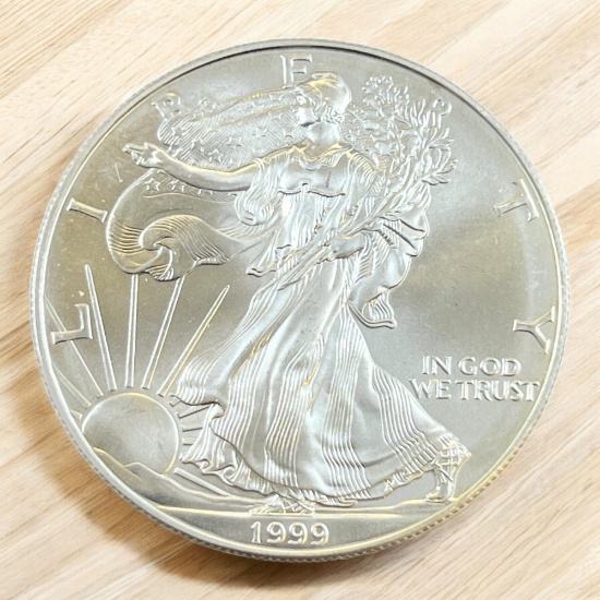1999 US Silver Eagle Dollar Coin, .999 Fine Silver