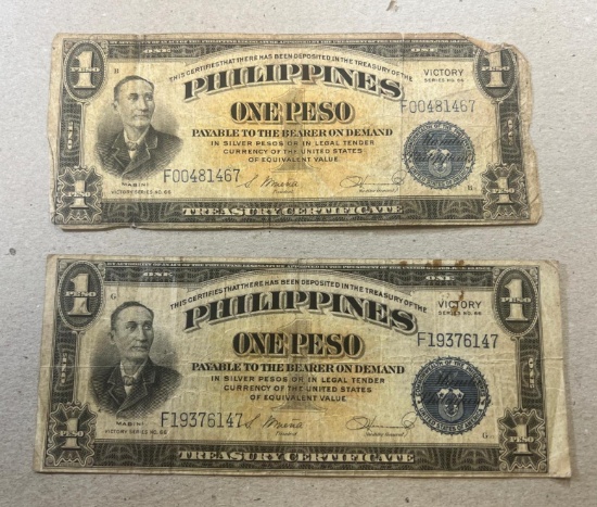 2- Victory Series no. 66 Philippines One Peso Banknotes