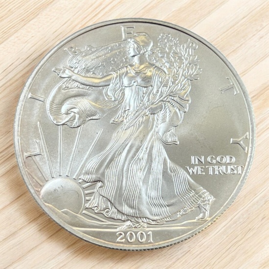 2001 US Silver Eagle Dollar Coin, .999 Fine Silver