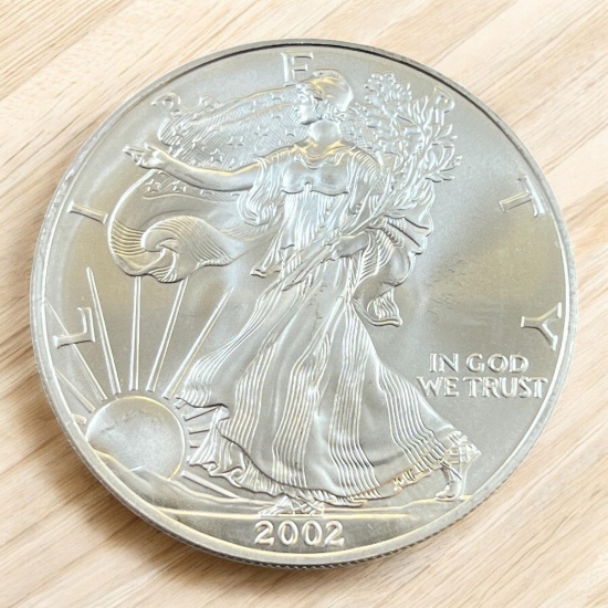 2002 US Silver Eagle Dollar Coin, .999 Fine Silver