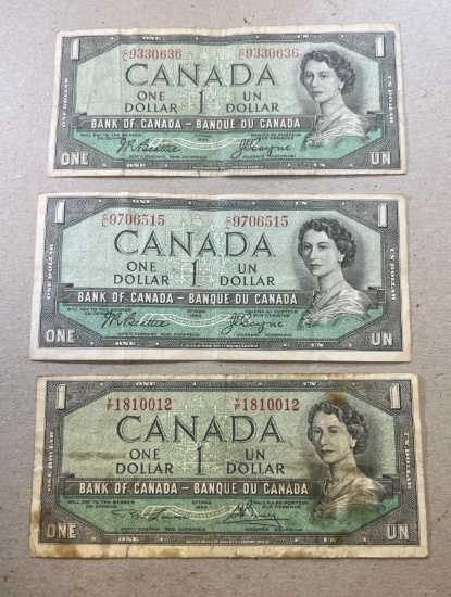 3- 1954 Ottawa Canada $1.00 Banknotes