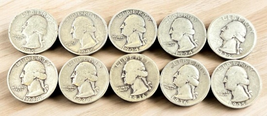Collection Starter, 10 Washington Quarters, 90% silver, NO DUP DATES, see list below