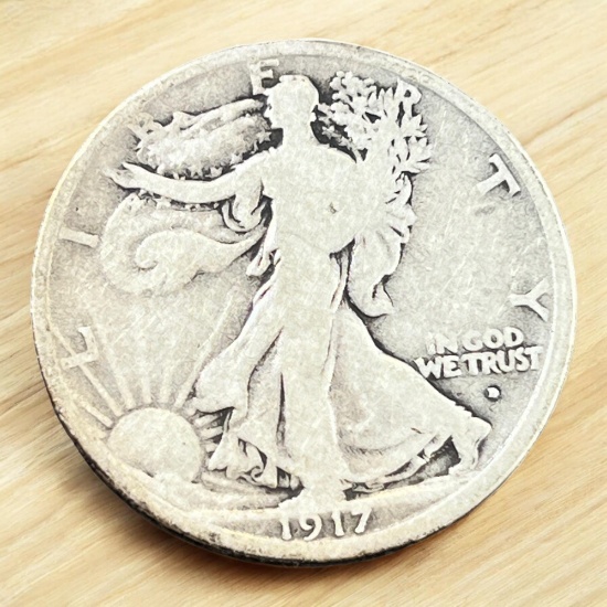 1917-D Obverse US Walking Liberty Half Dollar, 90% Silver